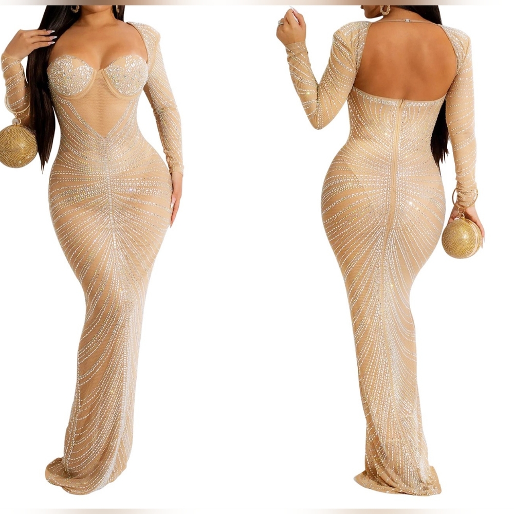 Fashion Sexy maxi Mesh Rhinestones details Dress New Size M,XL,XXL Available S.